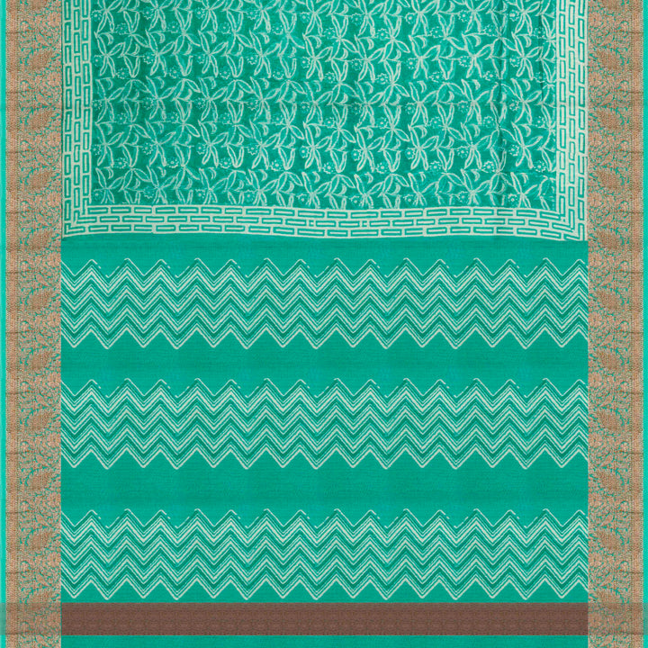 Turquoise Blue Handwoven Chanderi Silk Cotton Saree with Floral Print and Copper Zari Border 3512T016665DSC