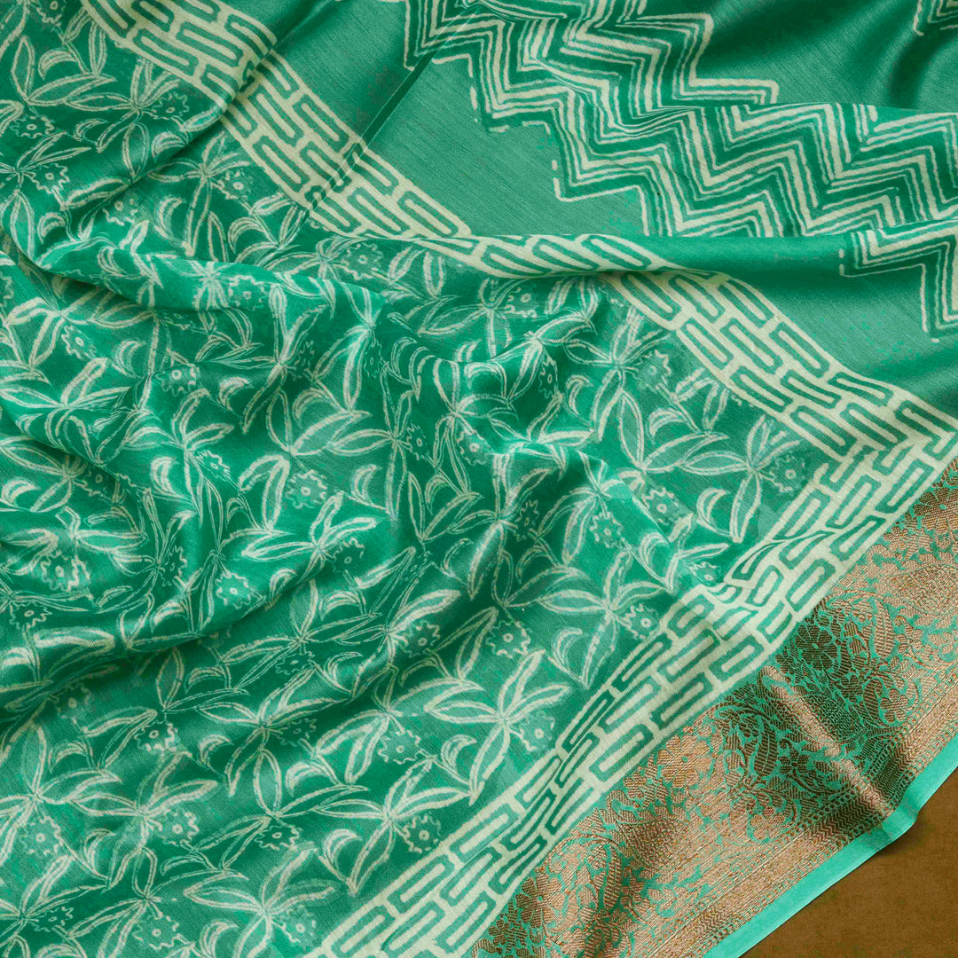 Turquoise Blue Handwoven Chanderi Silk Cotton Saree with Floral Print and Copper Zari Border 3512T016665DSC