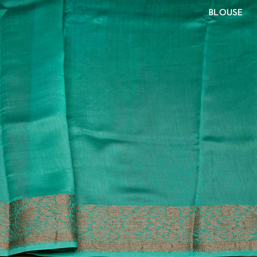 Turquoise Blue Handwoven Chanderi Silk Cotton Saree with Floral Print and Copper Zari Border 3512T016665DSC