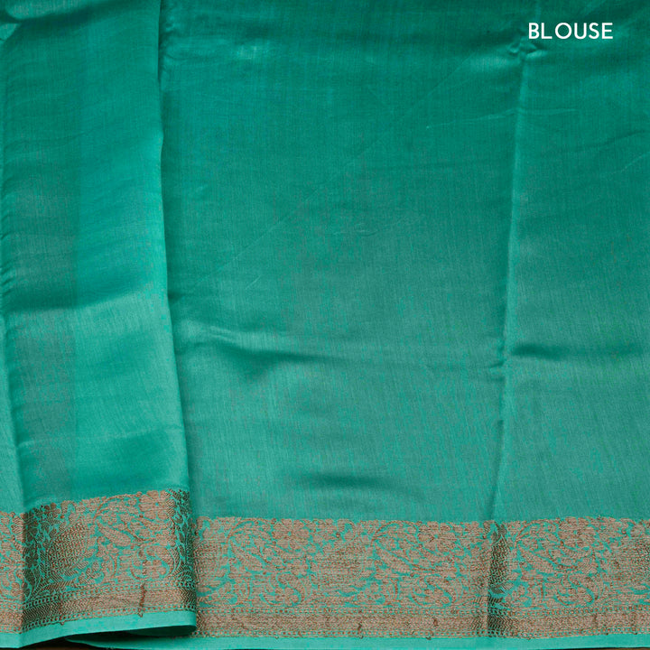 Turquoise Blue Handwoven Chanderi Silk Cotton Saree with Floral Print and Copper Zari Border 3512T016665DSC