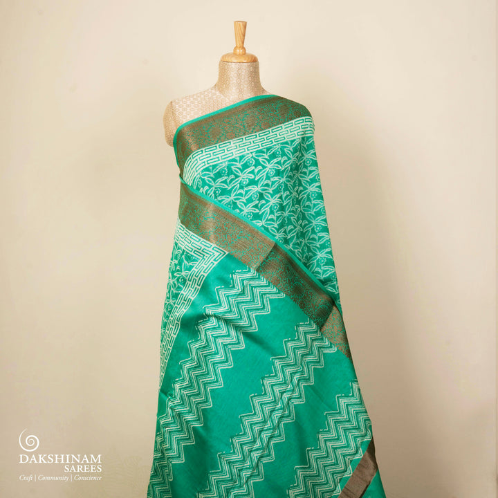 Turquoise Blue Handwoven Chanderi Silk Cotton Saree with Floral Print and Copper Zari Border 3512T016665DSC