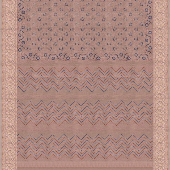 Grey Chanderi silk cotton saree with blue floral print, red diamond block print and copper zari border