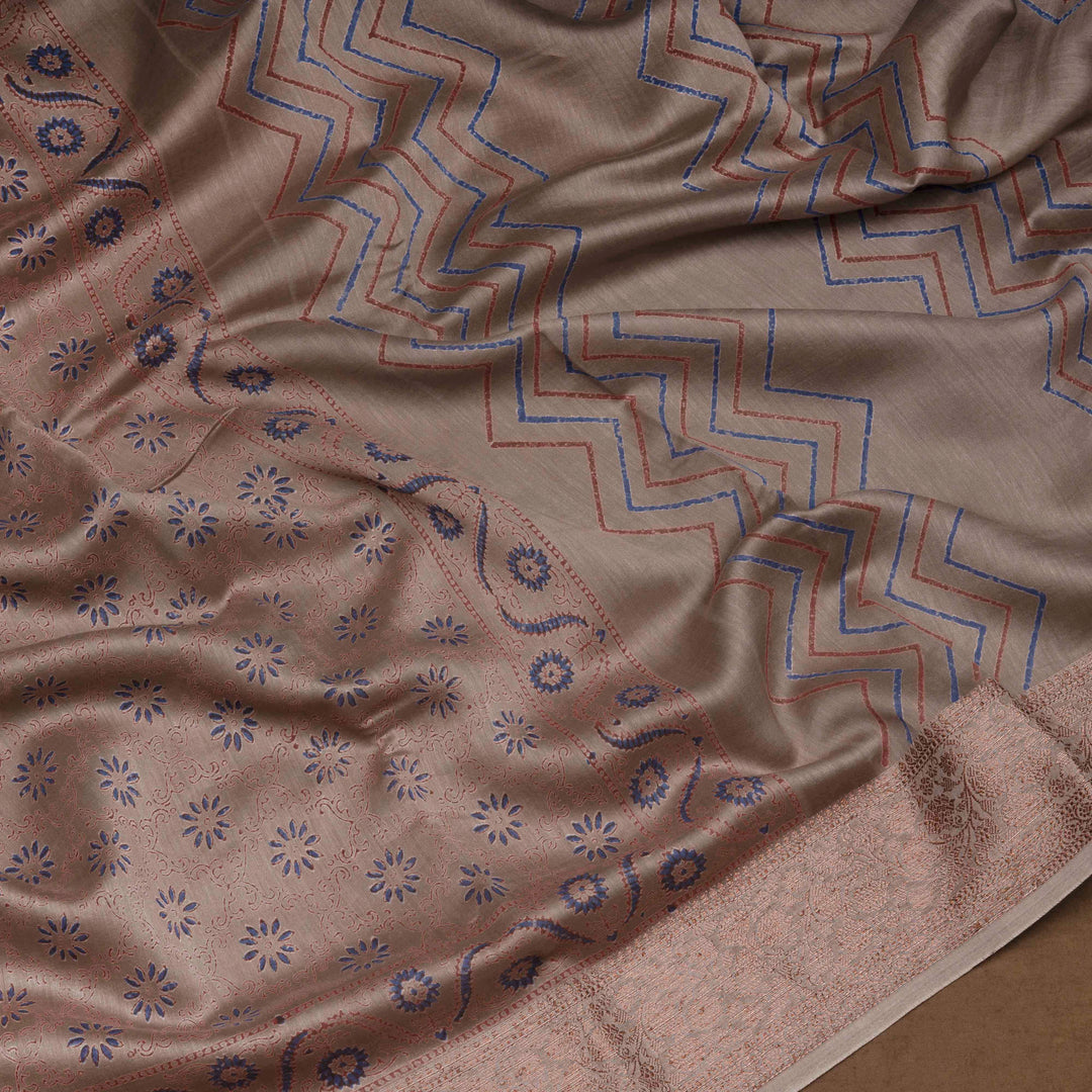 Grey Handwoven Chanderi Silk Cotton Saree with Floral Print and Copper Zari Border 3513T016687DSC