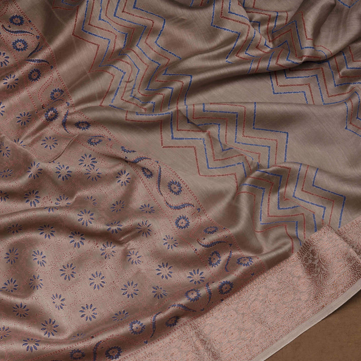 Grey Handwoven Chanderi Silk Cotton Saree with Floral Print and Copper Zari Border 3513T016687DSC