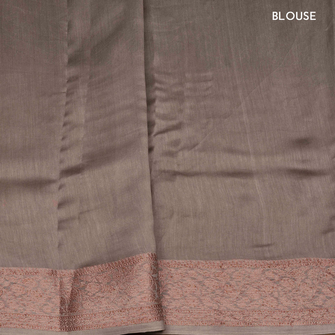 Grey Chanderi silk cotton saree with blue floral print, red diamond block print and copper zari border