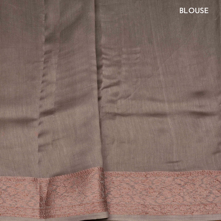 Grey Chanderi silk cotton saree with blue floral print, red diamond block print and copper zari border