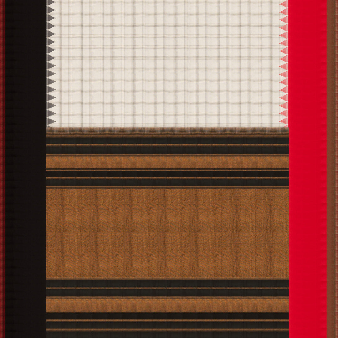 White Gadwal cotton saree with black checks, red Korvai temple border and brown pallu