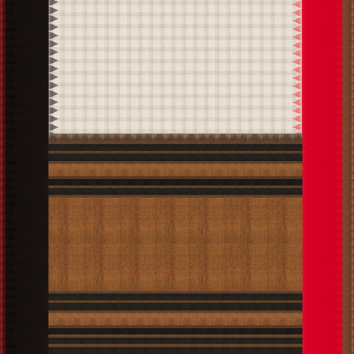 White Gadwal cotton saree with black checks, red Korvai temple border and brown pallu