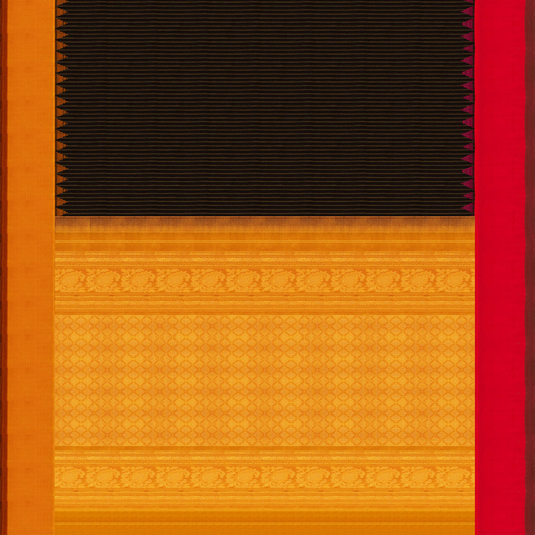 Brown Gadwal cotton saree with yellow stripes, pink Korvai temple border and mustard silk pallu