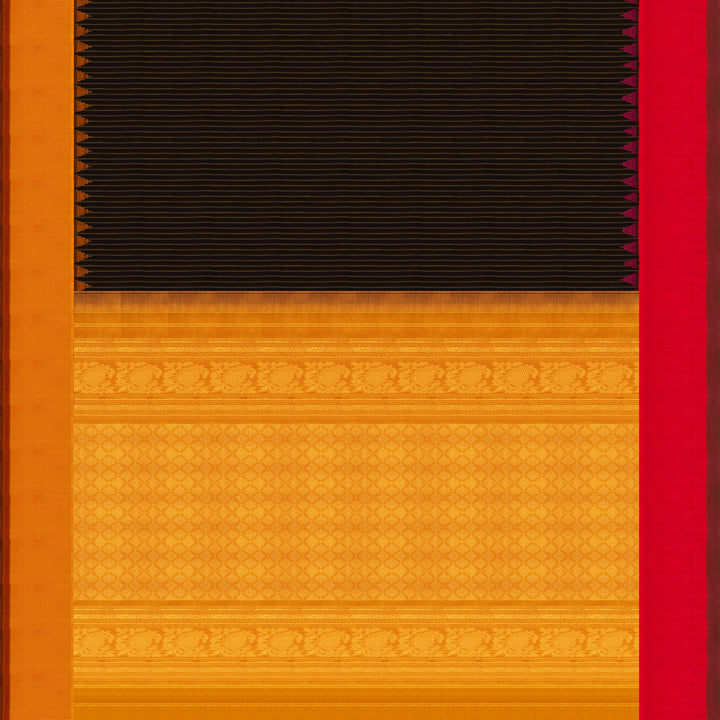 Brown Gadwal cotton saree with yellow stripes, pink Korvai temple border and mustard silk pallu