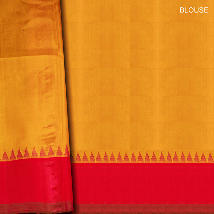 Brown Gadwal cotton saree with yellow stripes, pink Korvai temple border and mustard silk pallu