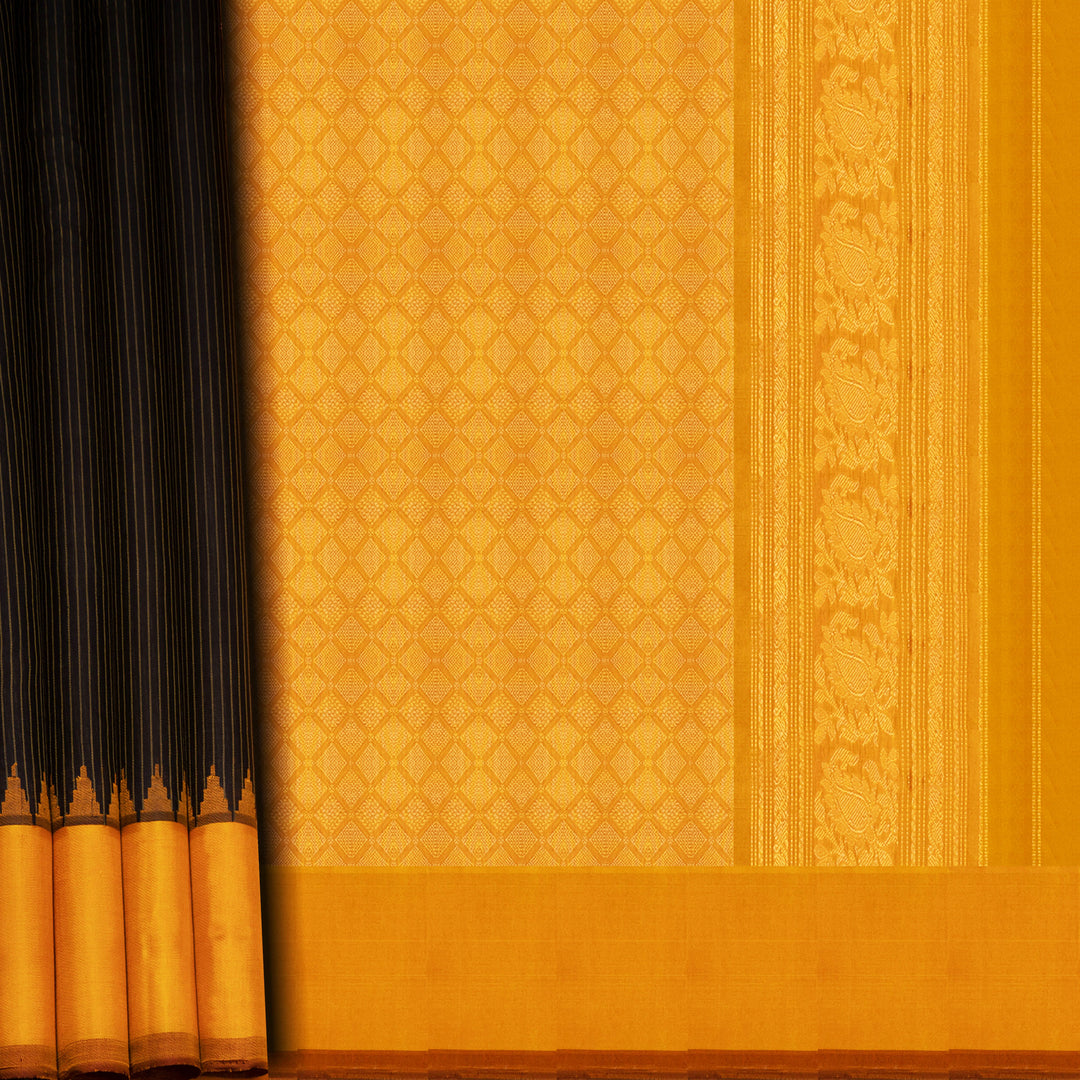 Brown Gadwal cotton saree with yellow stripes, pink Korvai temple border and mustard silk pallu