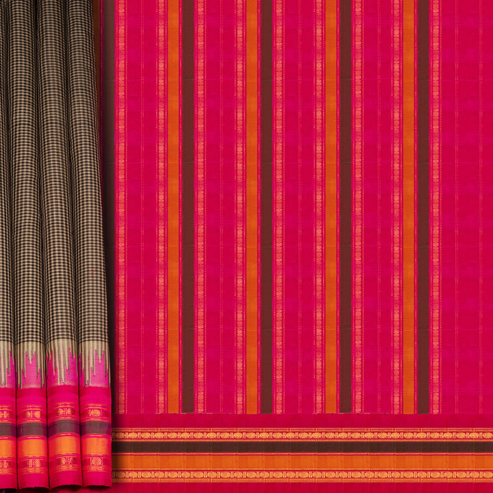 Black and white Gadwal cotton saree with multicolor Korvai border and pink silk pallu