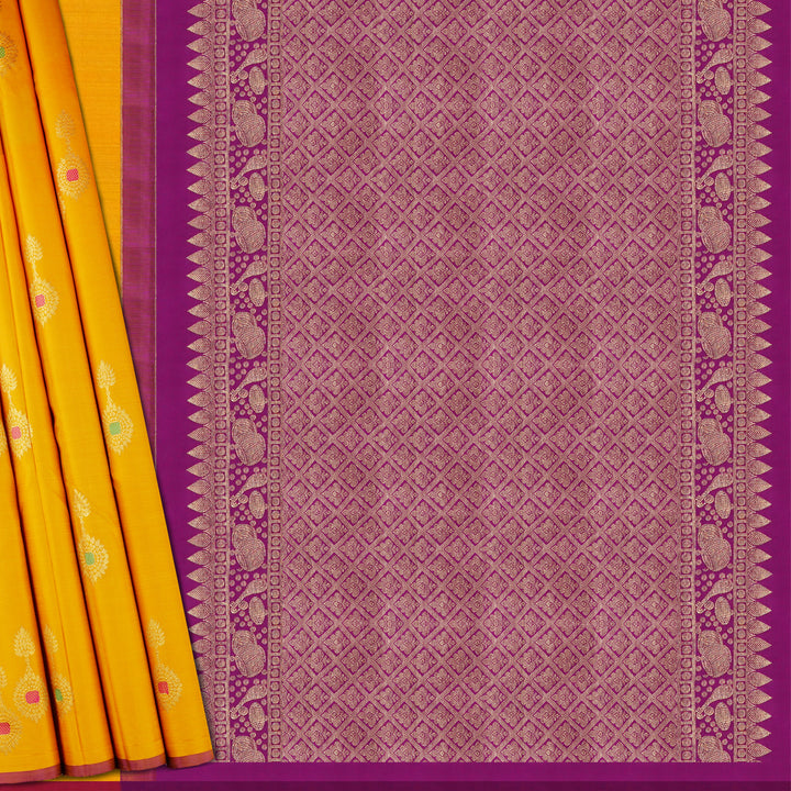 Handwoven Yellow with Violet Kanjivaram Silk Saree - 1832T008659DSC