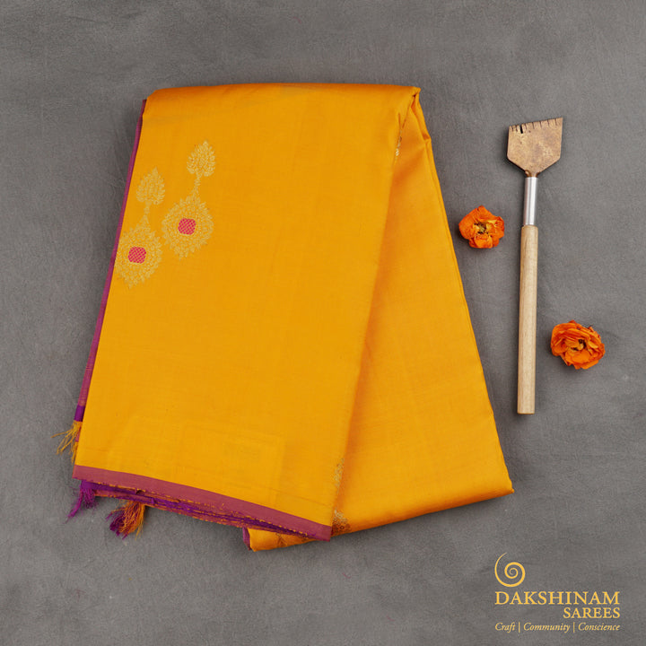 Handwoven Yellow with Violet Kanjivaram Silk Saree - 1832T008659DSC