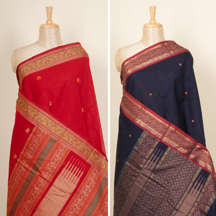 Curated Pair – Handwoven Pure Blue and Red Kanjivaram Cottons