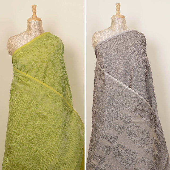 Curated Pair – Handwoven Lime Green and Beige South Cotton Saree