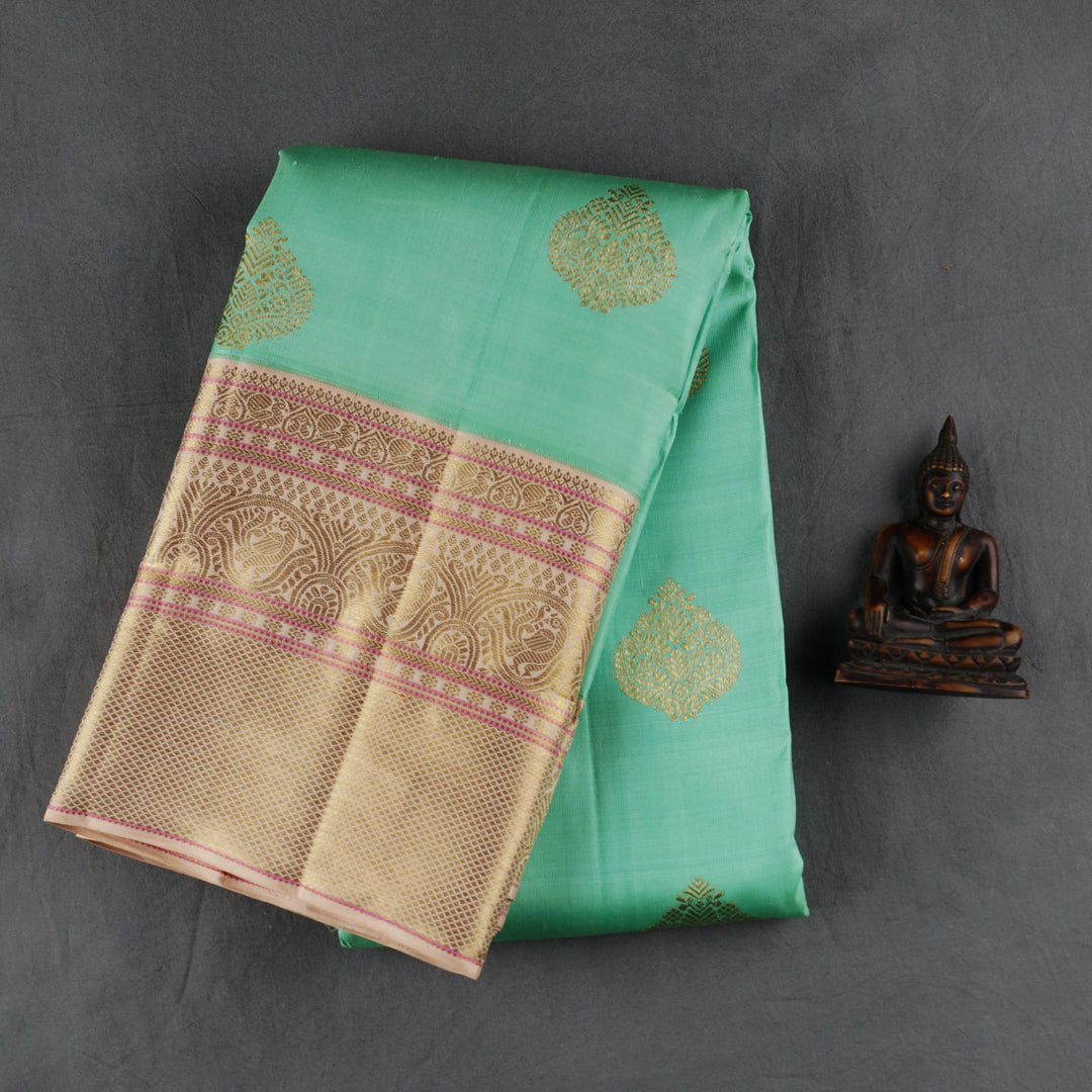 Handwoven Green with Beige Kanjivaram Silk Saree - 1854T005696DSC