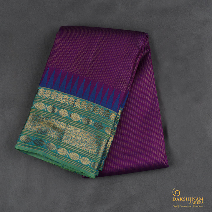 Handwoven Grape with Green Kanjivaram Silk Saree- 1856T005693DSC