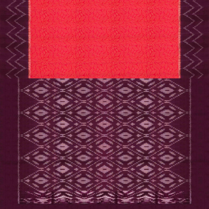 Pink handwoven Ikat soft silk saree with Banarasi floral motifs, violet Ikat border and diamond Ikat pallu