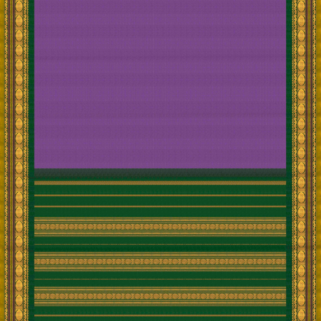 Violet checked Gadwal cotton saree with green Korvai silk border, gold zari Rudraksham motifs and green pallu