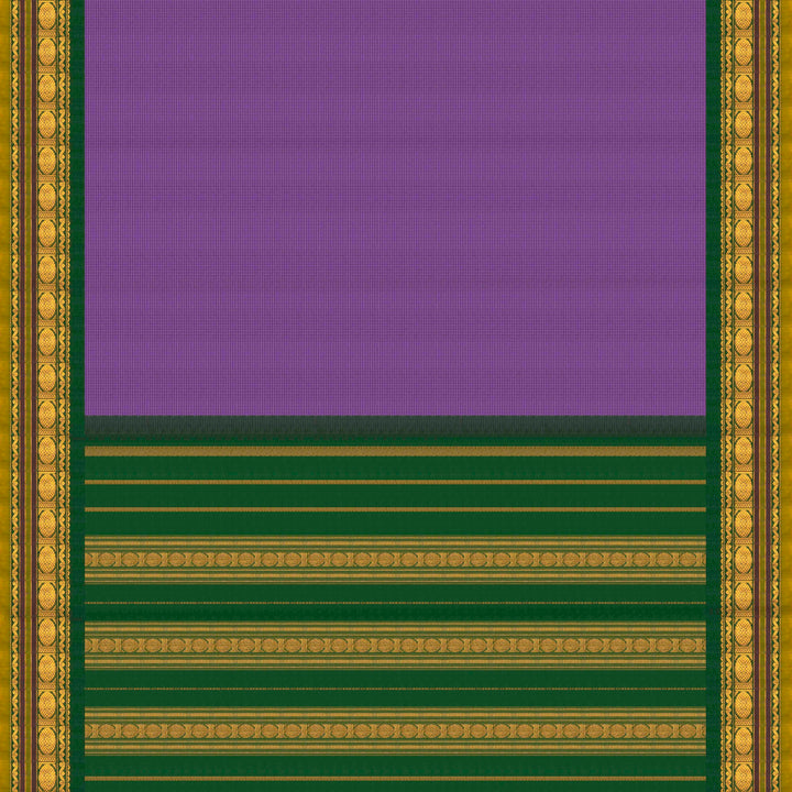 Violet checked Gadwal cotton saree with green Korvai silk border, gold zari Rudraksham motifs and green pallu