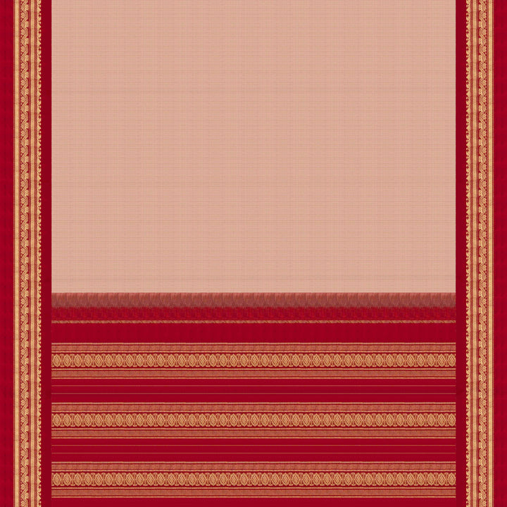 Beige checked Gadwal cotton saree with red Korvai silk border, gold zari floral motifs and red pallu