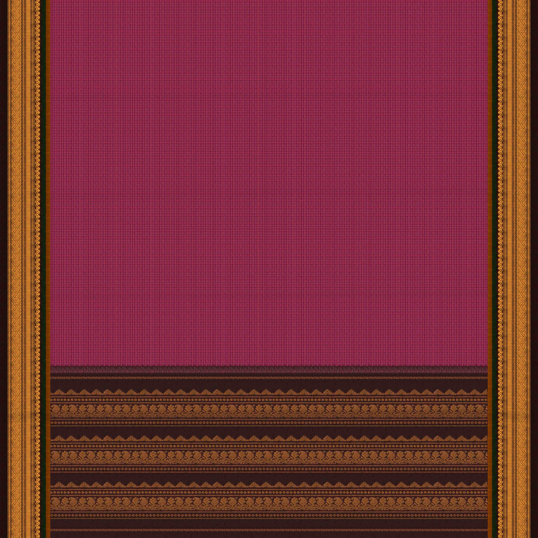 Violet checked Gadwal cotton saree with coffee brown Korvai silk border, gold zari diamond motifs and silk pallu