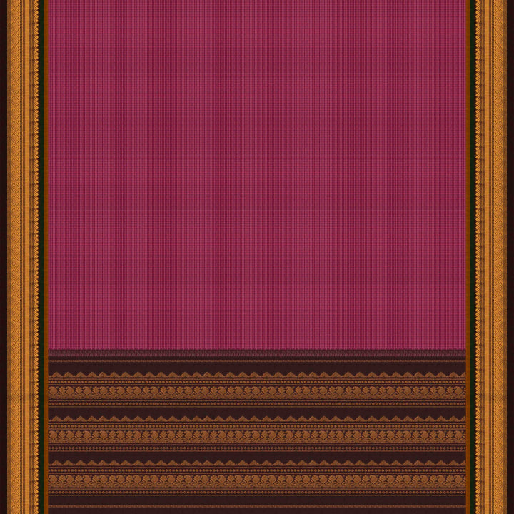 Violet checked Gadwal cotton saree with coffee brown Korvai silk border, gold zari diamond motifs and silk pallu