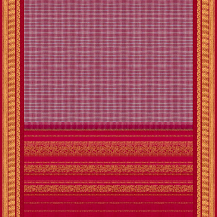 Violet checked Gadwal cotton saree with pink Korvai silk border, gold zari diamond motifs and pink silk pallu