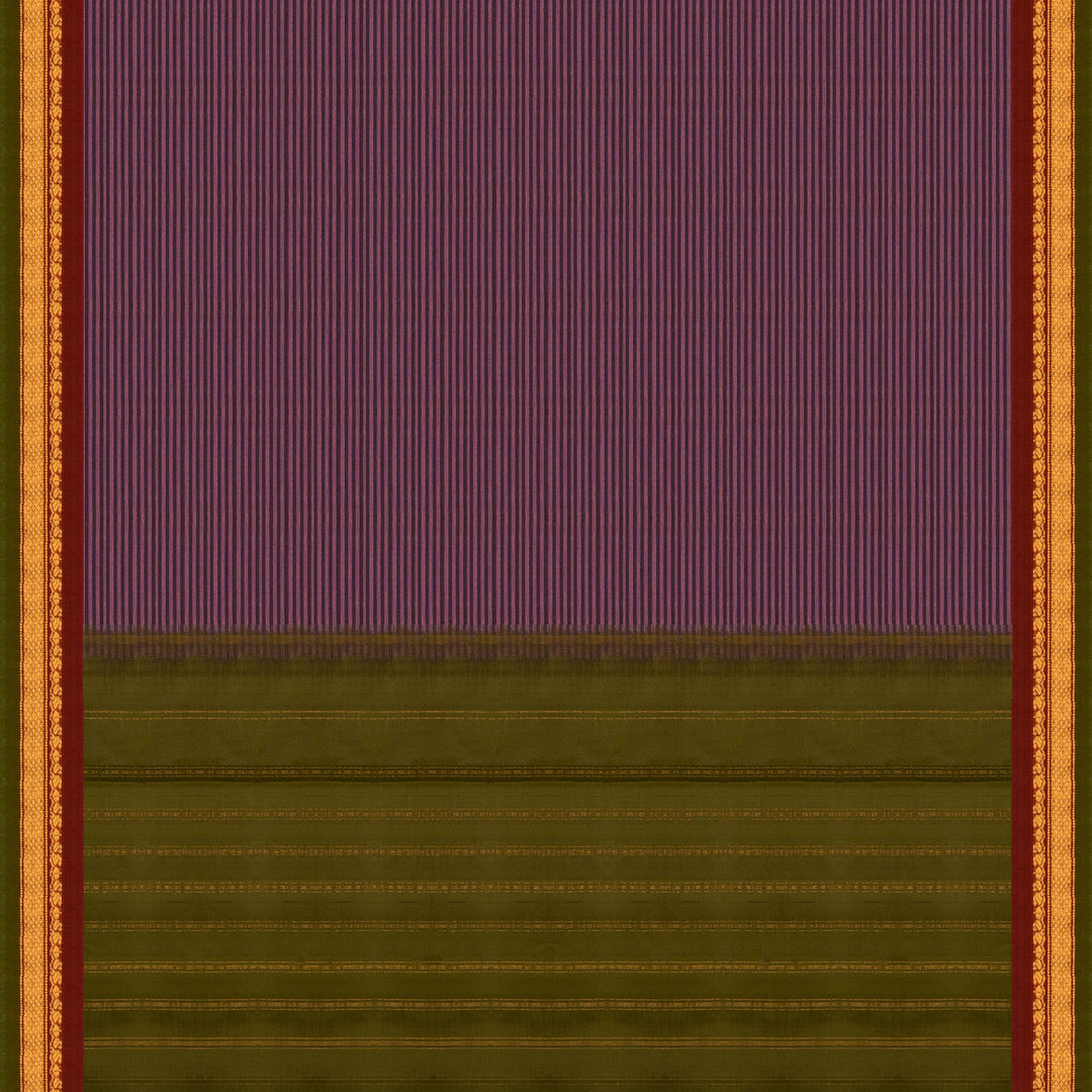 Violet Gadwal cotton saree with blue stripes, green border, gold zari detailing and striped pallu