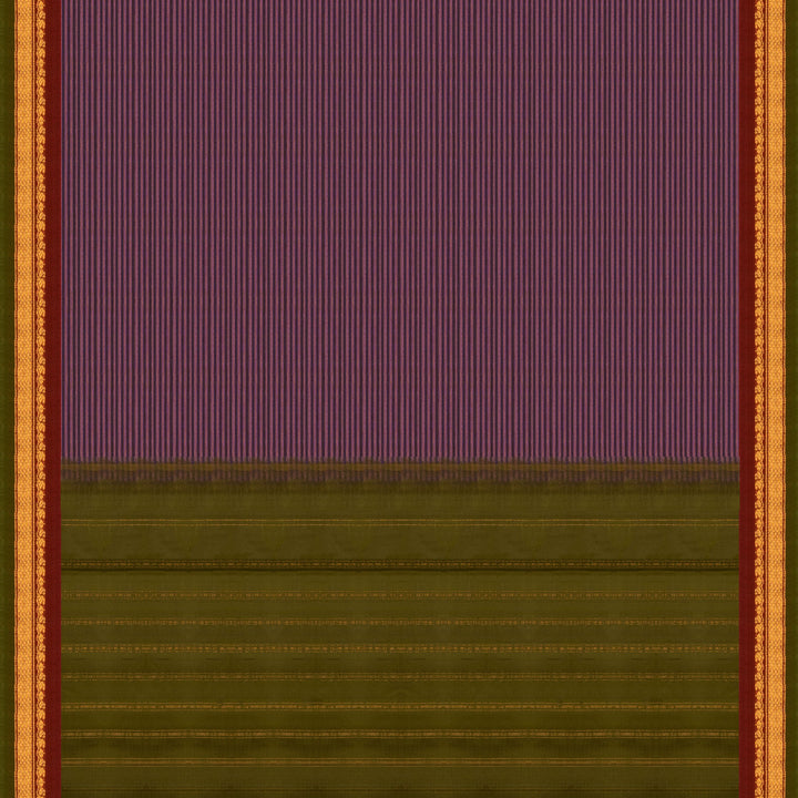 Violet Gadwal cotton saree with blue stripes, green border, gold zari detailing and striped pallu