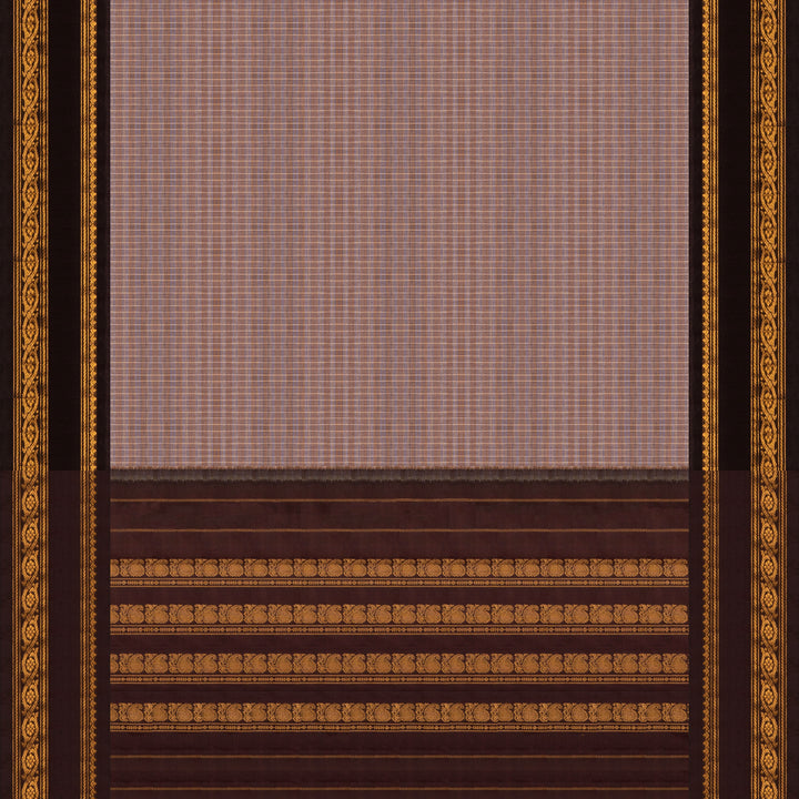 Grey Gadwal cotton saree with brown stripes, coffee brown silk border, gold zari motifs and silk pallu