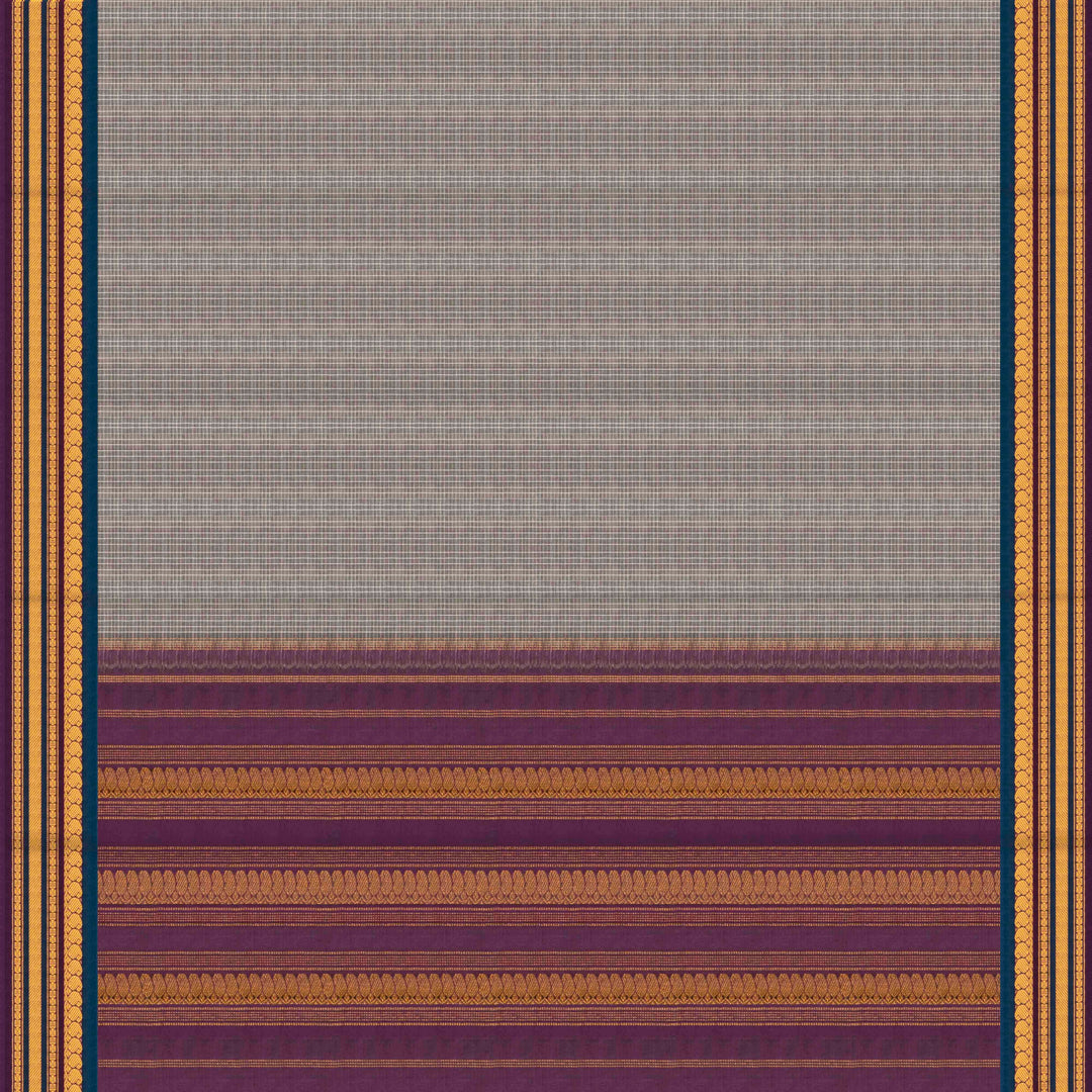 Grey Gadwal cotton saree with white checks, peacock green silk border, gold zari mango motifs and violet silk pallu