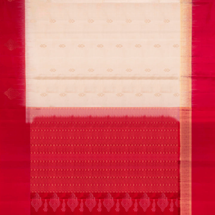 White Handwoven Soft Silk Saree with Red Gold Zari Border and Diamond Motifs 3531T017129DSC