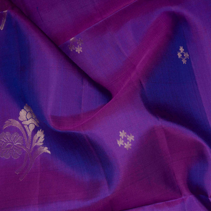 Violet handwoven soft silk saree with gold zari diamond buttas, floral motifs and rose gold zari pallu