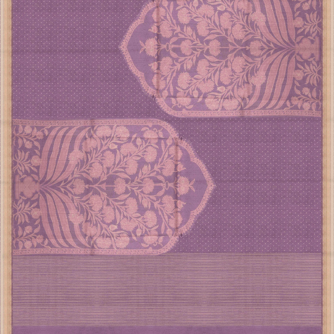Lavender handwoven Moonga silk saree with light pink floral print, silver zari border and striped pallu