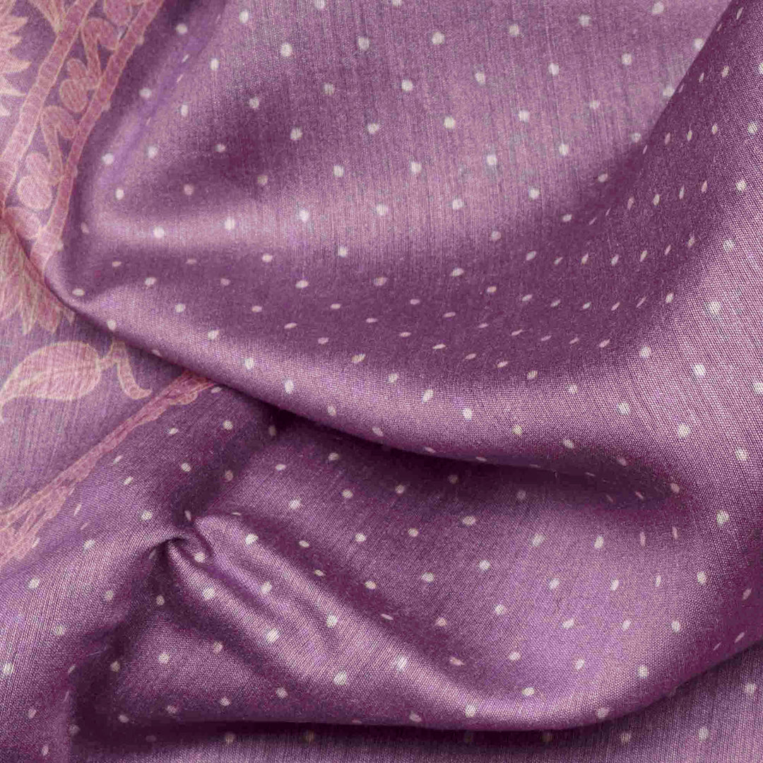Lavender handwoven Moonga silk saree with light pink floral print, silver zari border and striped pallu