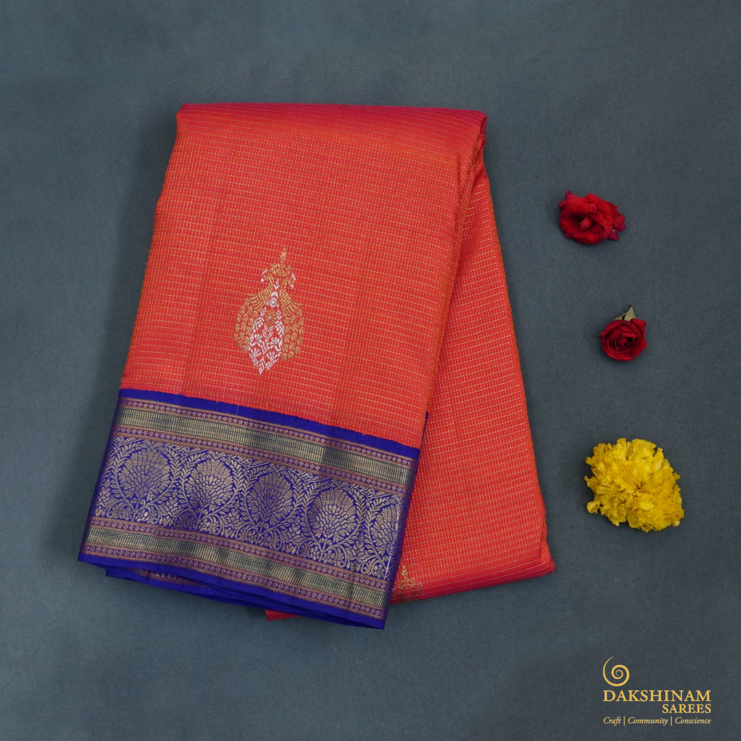 Handwoven Orange with Purple Kanjivaram Silk Saree - 1897T008800DSC