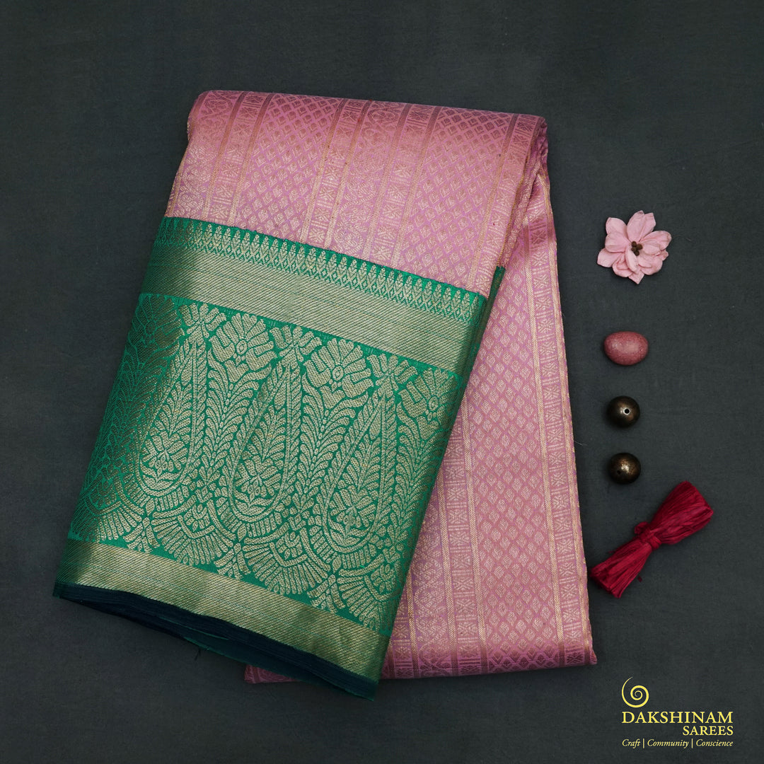 Handwoven Pink with Green Kanjivaram Silk Saree - 1907T003149DSC