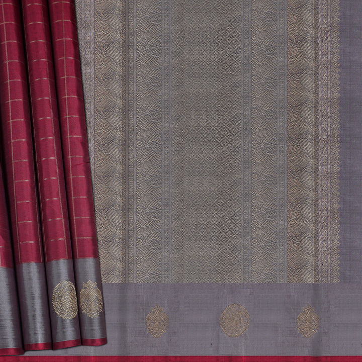 Handwoven Maroon with Grey Kanjivaram Silk Saree - 1912T005871DSC