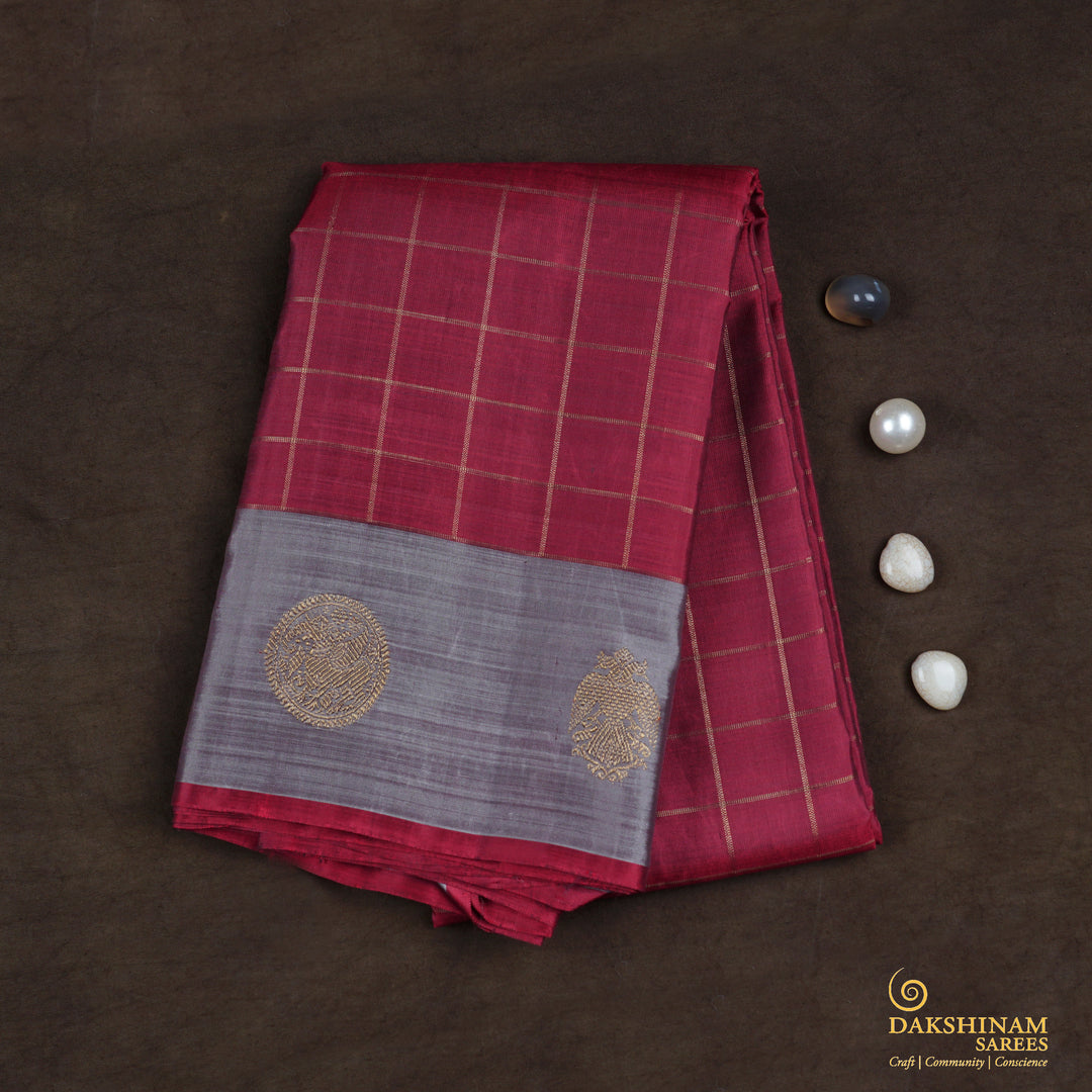 Handwoven Maroon with Grey Kanjivaram Silk Saree - 1912T005871DSC