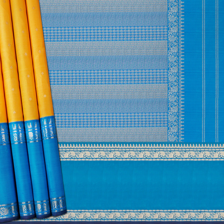 Handwoven Yellow with Blue Kanjivaram Silk Saree - 1936T009181DSC