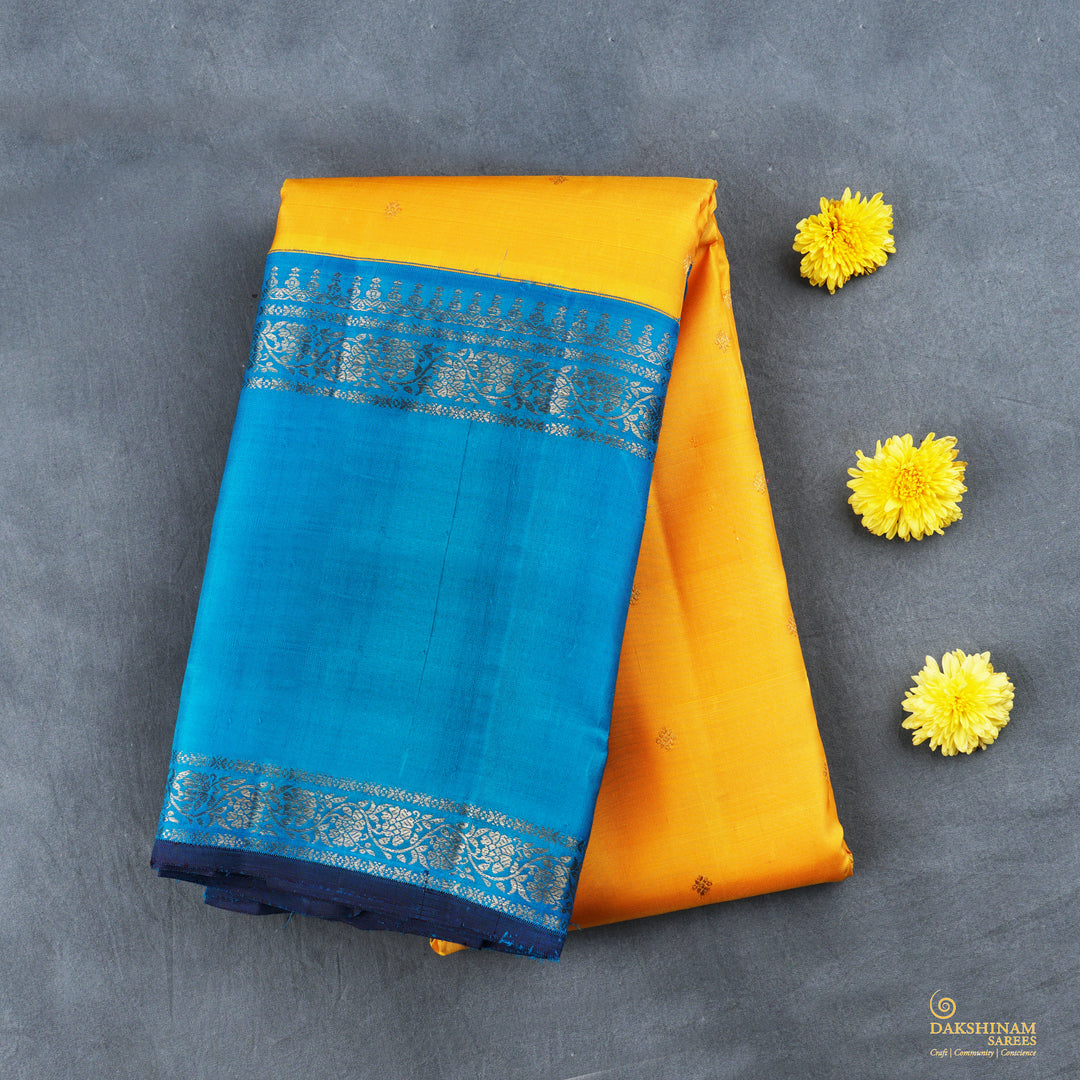 Handwoven Yellow with Blue Kanjivaram Silk Saree - 1936T009181DSC