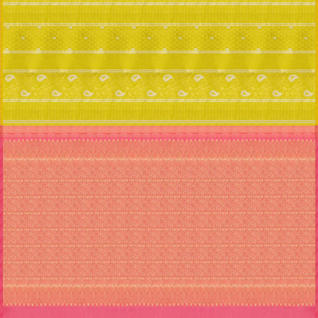 Handwoven Yellow with Pink Kanjivaram Silk Saree - 2015T009634DSC
