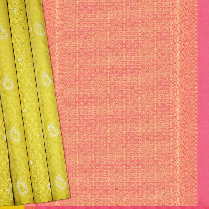 Handwoven Yellow with Pink Kanjivaram Silk Saree - 2015T009634DSC