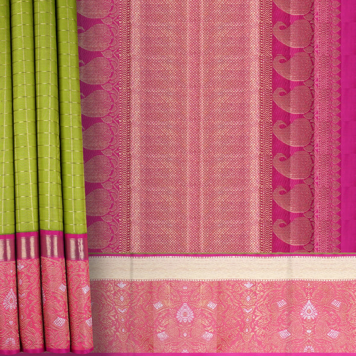 Handwoven Green with Pink Kanjivaram Silk Saree- 1528T006133DSC