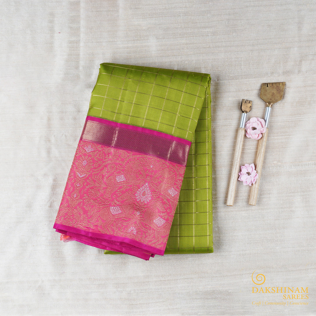 Handwoven Green with Pink Kanjivaram Silk Saree- 1528T006133DSC