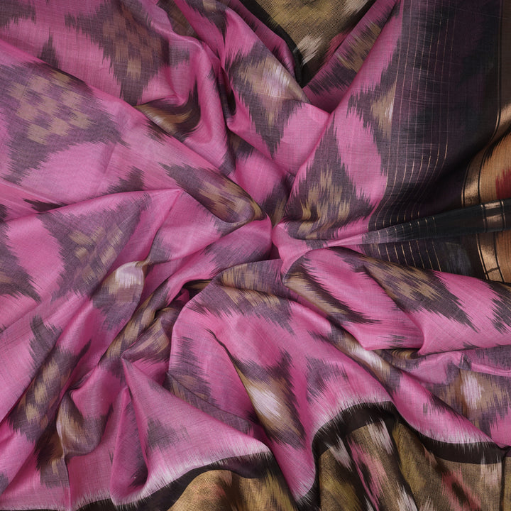 Handwoven Pink with Black Silk Cotton Saree - 2172T010129DSC