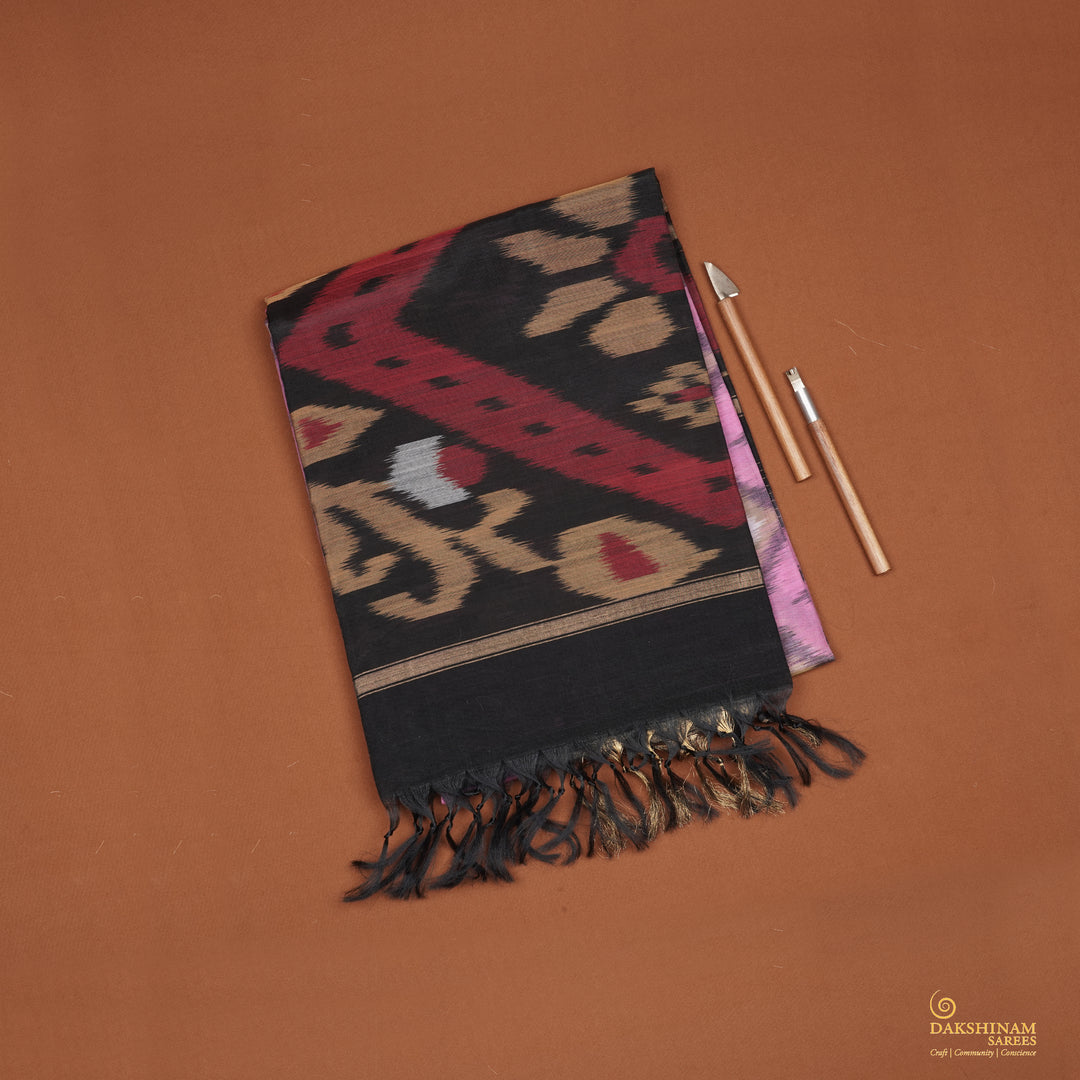 Handwoven Pink with Black Silk Cotton Saree - 2172T010129DSC